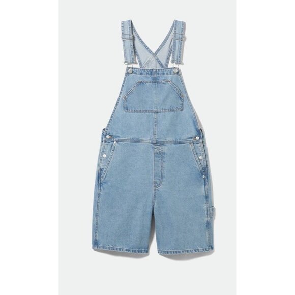 WEEKDAY Dusty Dungaree Denim Overall Shorts Blue Sz 34 NWT Baggy 90s Y2K Grunge - Picture 2 of 12